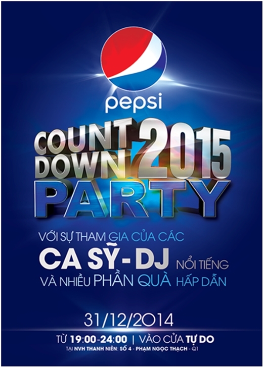 
	
	Đêm hội Pepsi Countdown 2015 hứa hẹn là một trải nghiệm bùng nổ cuồng nhiệt cho giới trẻ Sài thành vào ngày cuối năm